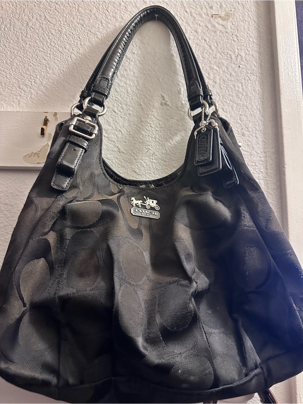 Coach Black Signature Tote with Silver Horse & Carriage Emblem